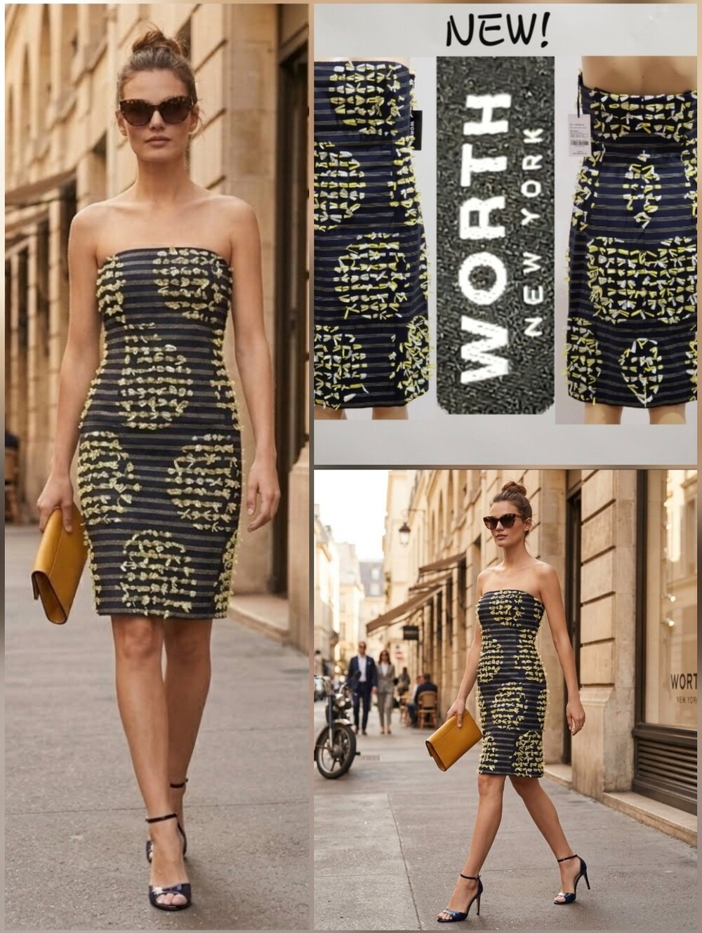 💙Worth NY NEW! Strapless ribbon dress navy, yellow, white ribbons 🤍Sz 2